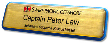 Prestige plastic name badges - Blue border and brushed gold background | www.namebadgesinternational.co.uk